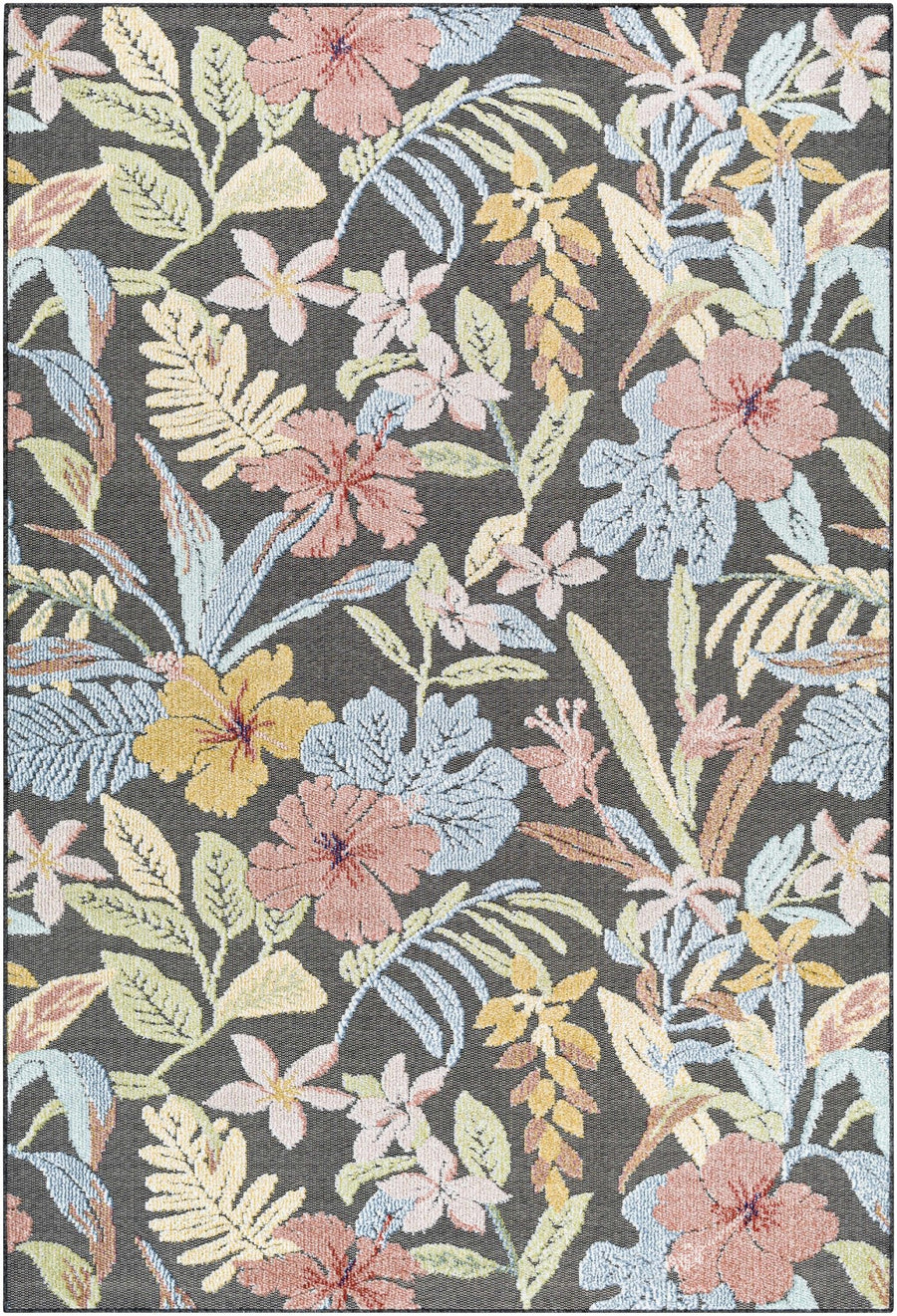 Traditional Floral Design Charcoal And Pink Machine Woven Outdoor Area Rug - The Rug Decor