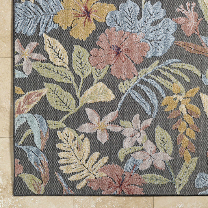 Traditional Floral Design Charcoal And Pink Machine Woven Outdoor Area Rug - The Rug Decor