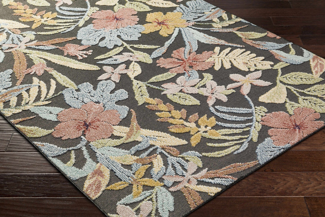 Traditional Floral Design Charcoal And Pink Machine Woven Outdoor Area Rug - The Rug Decor
