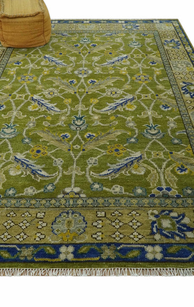 Traditional Floral Green and Blue Hand Knotted 8x10 wool area rug - The Rug Decor