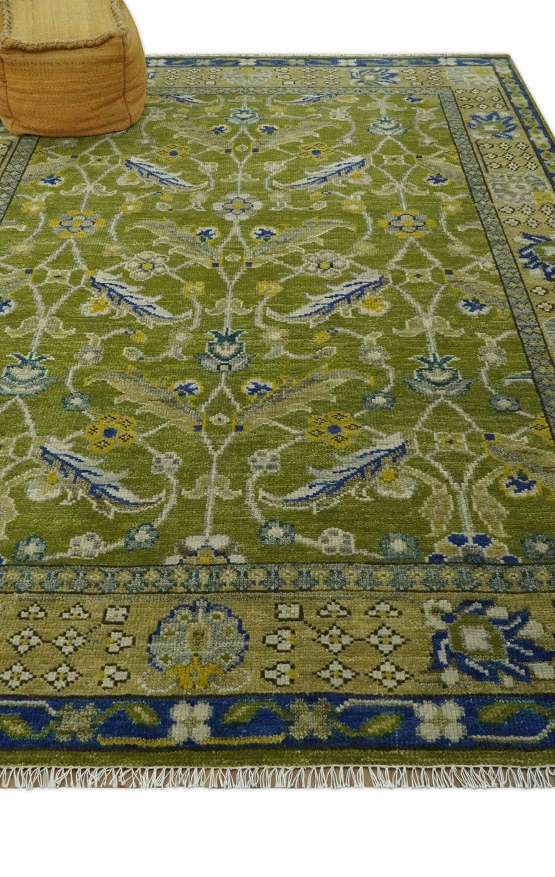 Traditional Floral Green and Blue Hand Knotted 8x10 wool area rug - The Rug Decor