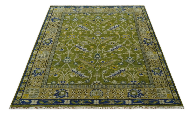 Traditional Floral Green and Blue Hand Knotted Multi size wool rug ...