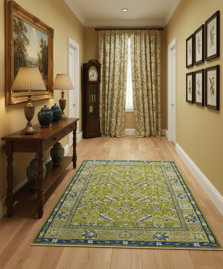 Traditional Floral Green and Blue Hand Knotted Multi size wool area rug - The Rug Decor