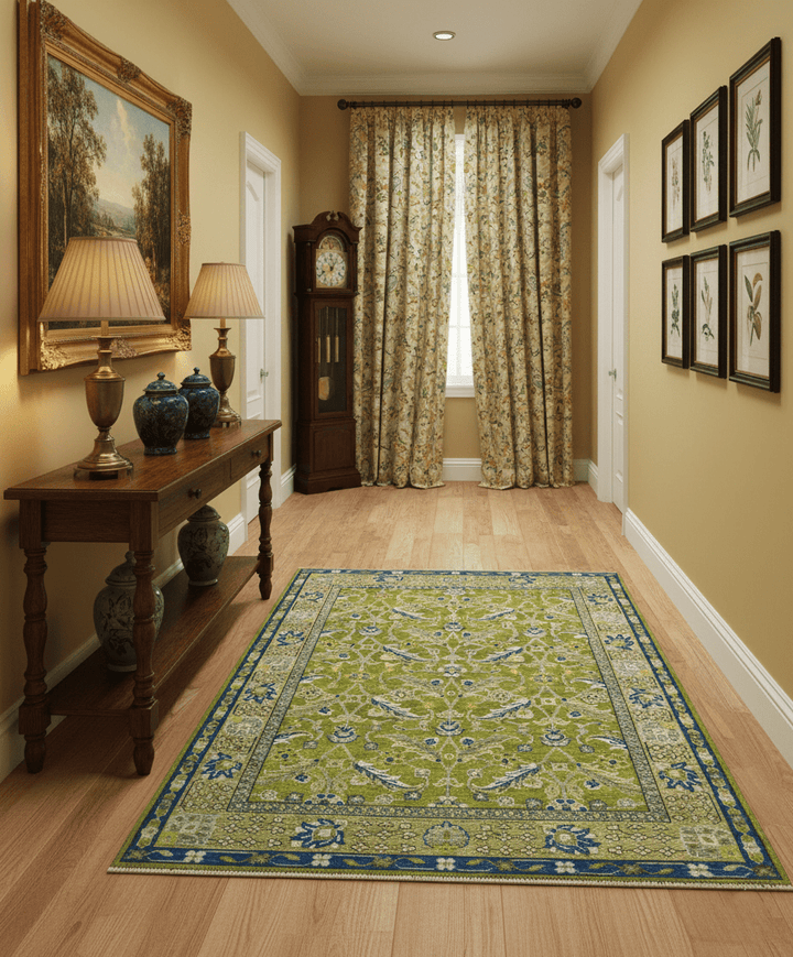 Traditional Floral Green and Blue Hand Knotted Multi size wool area rug - The Rug Decor
