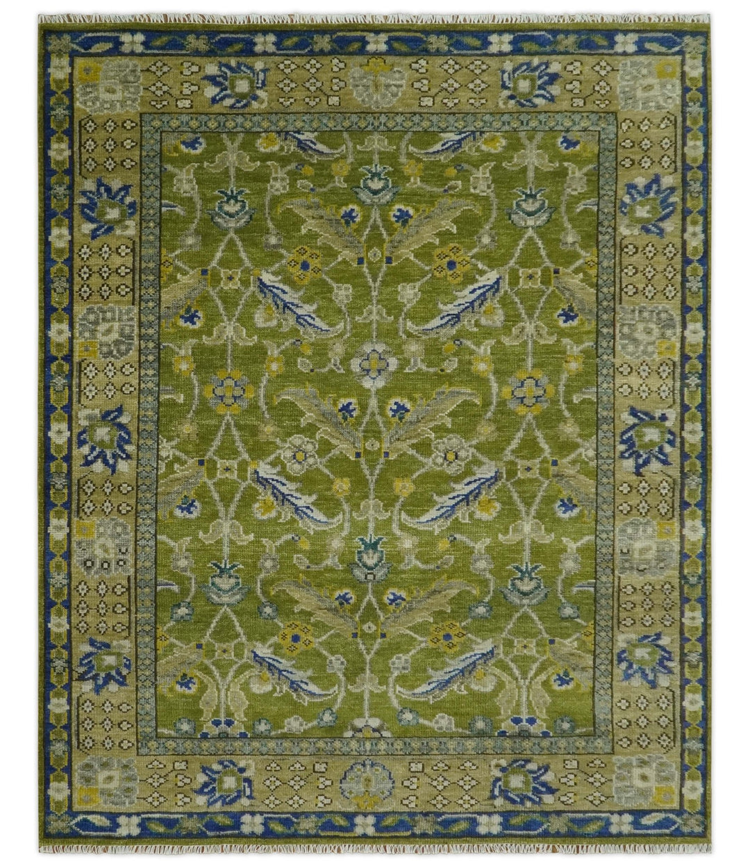 Traditional Floral Green and Blue Hand Knotted Multi size wool area rug - The Rug Decor