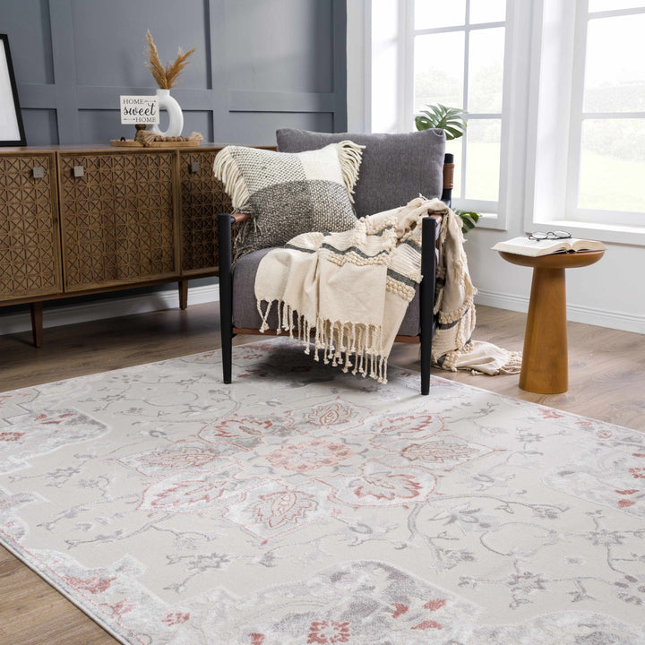 Traditional Floral Medallion Ivory, Silver and Peach Area Rug - The Rug Decor