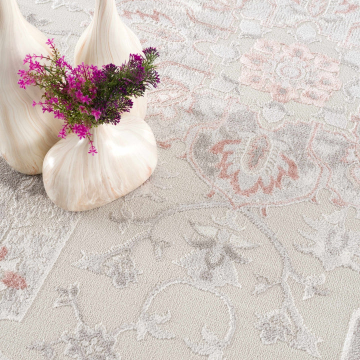 Traditional Floral Medallion Ivory, Silver and Peach Area Rug - The Rug Decor