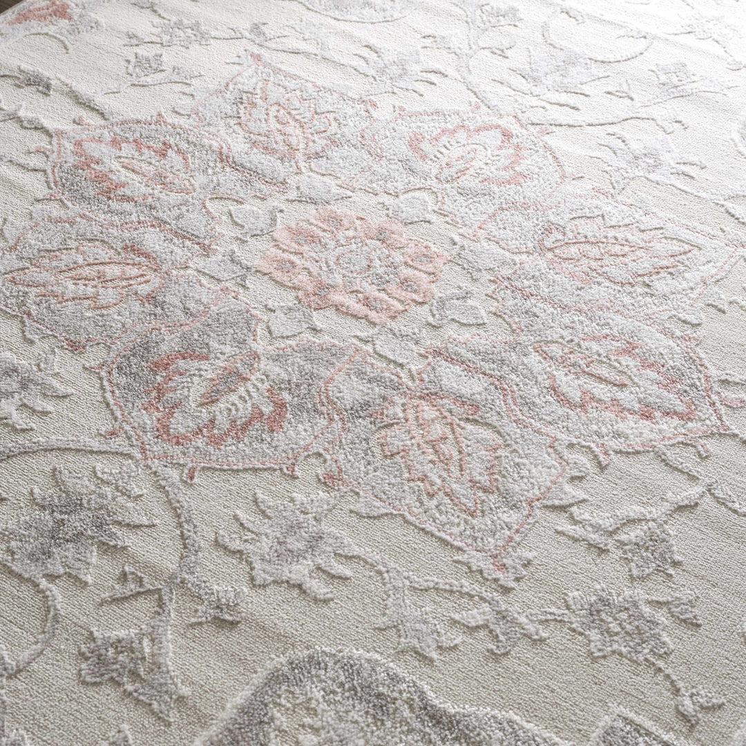 Traditional Floral Medallion Ivory, Silver and Peach Area Rug - The Rug Decor
