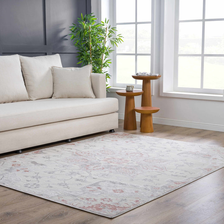 Traditional Floral Medallion Ivory, Silver and Peach Area Rug - The Rug Decor
