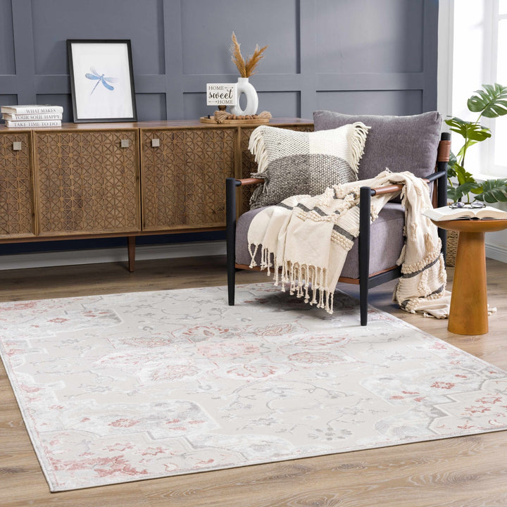 Traditional Floral Medallion Ivory, Silver and Peach Area Rug - The Rug Decor