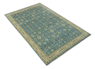 Traditional Floral Motif Blue and Beige 6x9 Hand Knotted wool area rug - The Rug Decor