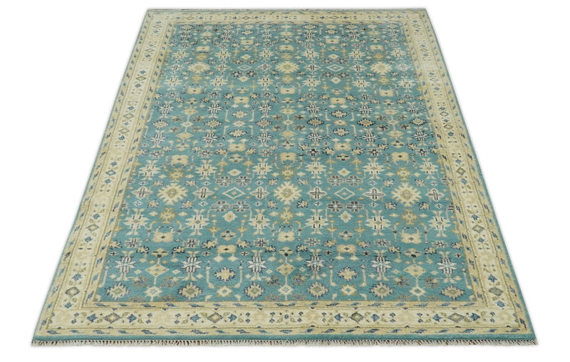 Traditional Floral Motif Blue and Beige 6x9 Hand Knotted wool area rug - The Rug Decor