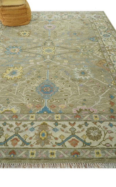 Traditional Floral Olive and Ivory 8x10 Hand Knotted Oriental Oushak wool area rug - The Rug Decor