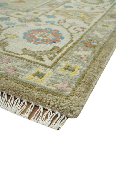 Traditional Floral Olive and Ivory Hand Knotted Oriental Oushak Custom Made wool area rug - The Rug Decor