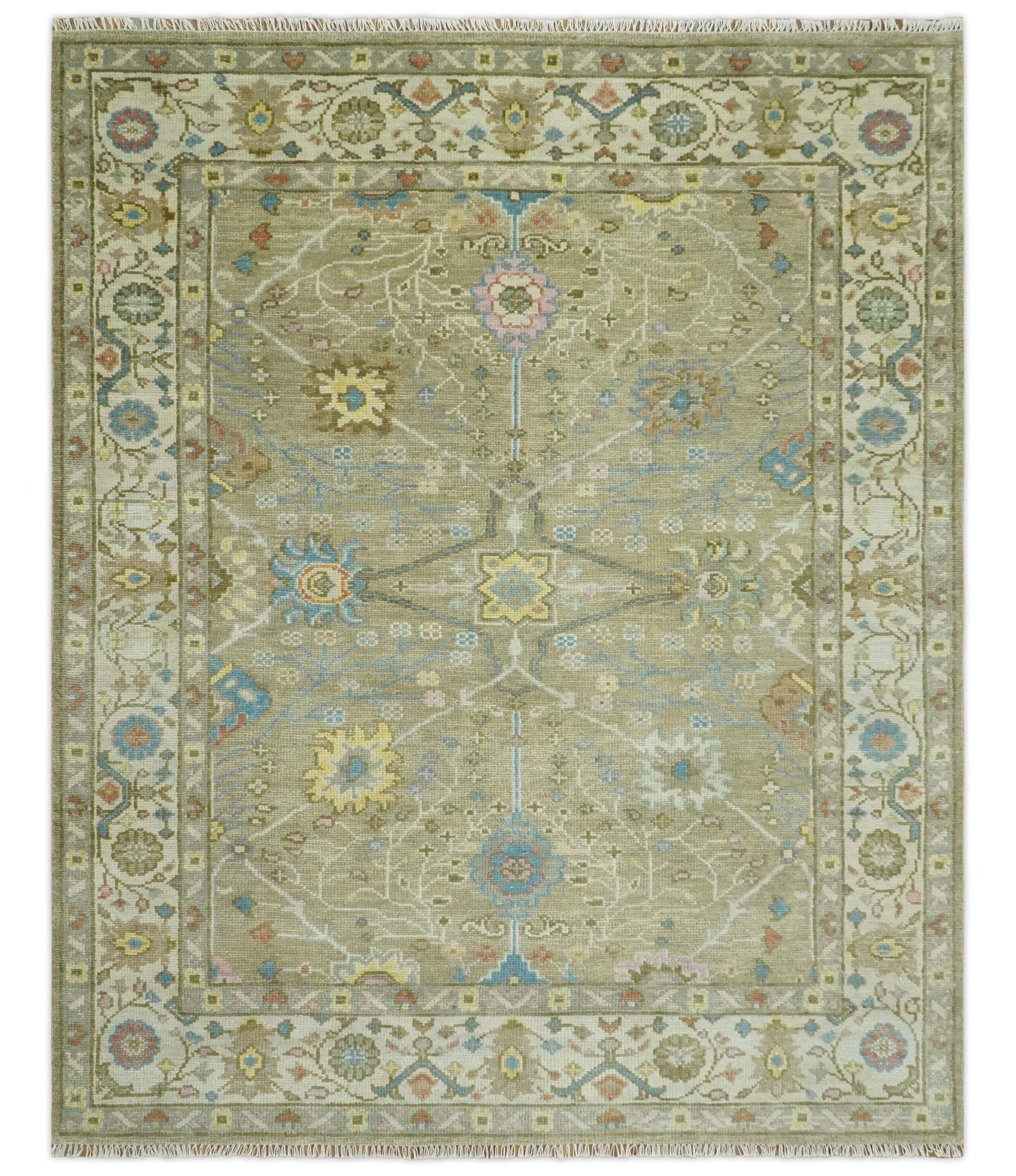 Traditional Floral Olive and Ivory Oriental Oushak wool rug – The Rug Decor