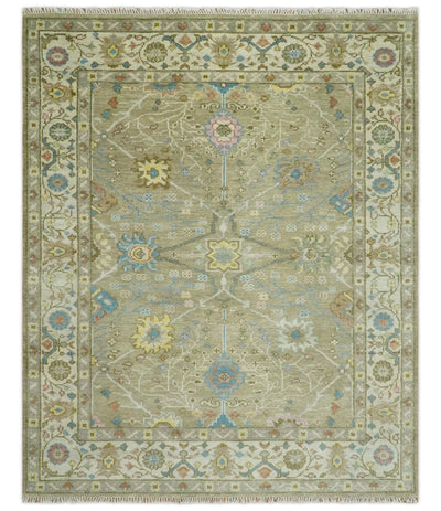 Traditional Floral Olive and Ivory Hand Knotted Oriental Oushak Custom Made wool area rug - The Rug Decor