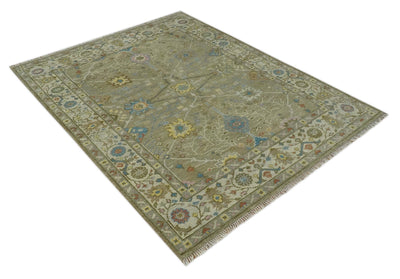 Traditional Floral Olive and Ivory Hand Knotted Oriental Oushak Custom Made wool area rug - The Rug Decor