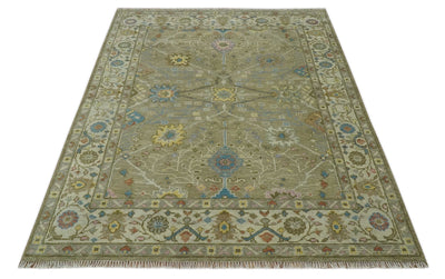 Traditional Floral Olive and Ivory Hand Knotted Oriental Oushak Custom Made wool area rug - The Rug Decor