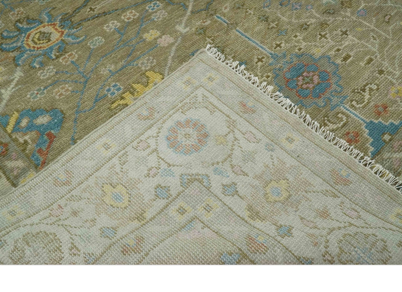 Traditional Floral Olive and Ivory Hand Knotted Oriental Oushak Custom Made wool area rug - The Rug Decor