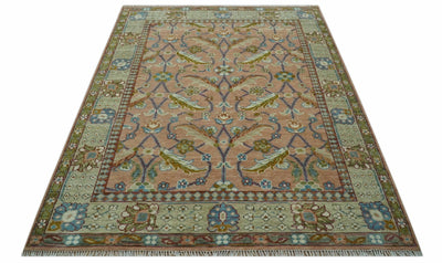 Traditional Floral Peach and Green Hand Knotted 8x10 wool area rug - The Rug Decor