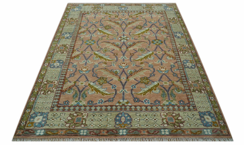 Traditional Floral Peach and Green Hand Knotted 8x10 wool area rug - The Rug Decor