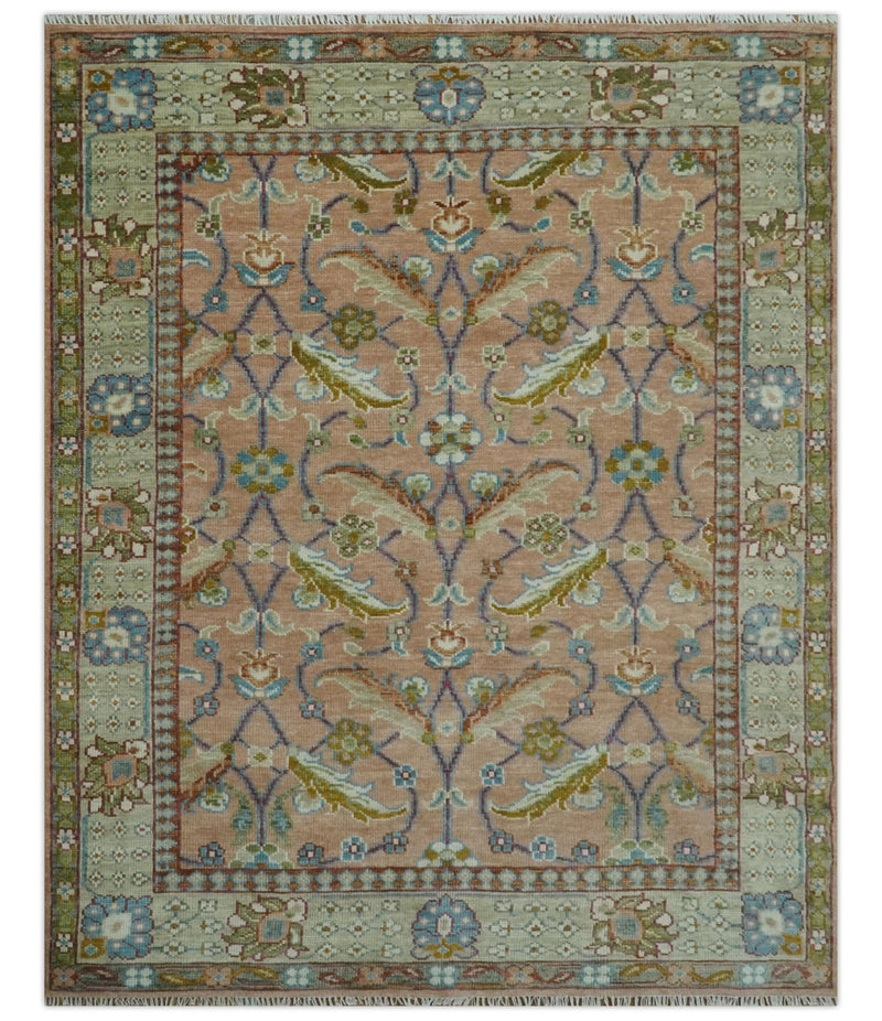 Traditional Floral Peach and Green Hand Knotted 8x10 wool area rug - The Rug Decor