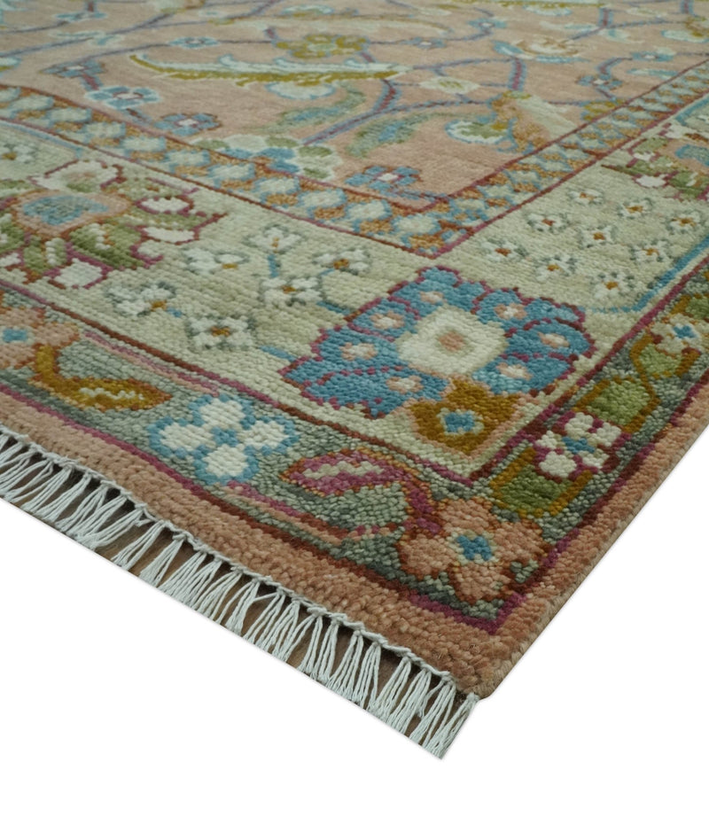 Traditional Floral Peach and Green Hand Knotted 8x10 wool area rug - The Rug Decor