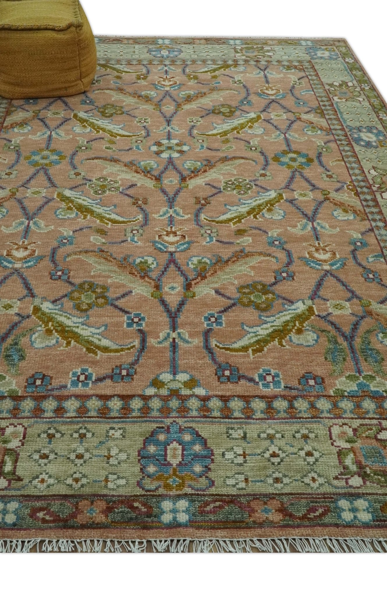 Traditional Floral Peach and Green Hand Knotted Custom Made wool rug