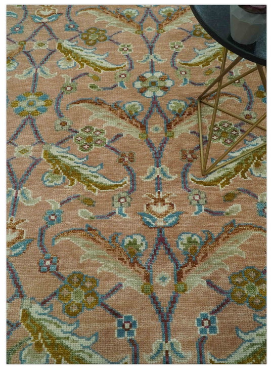 Traditional Floral Peach and Green Hand Knotted Custom Made wool rug