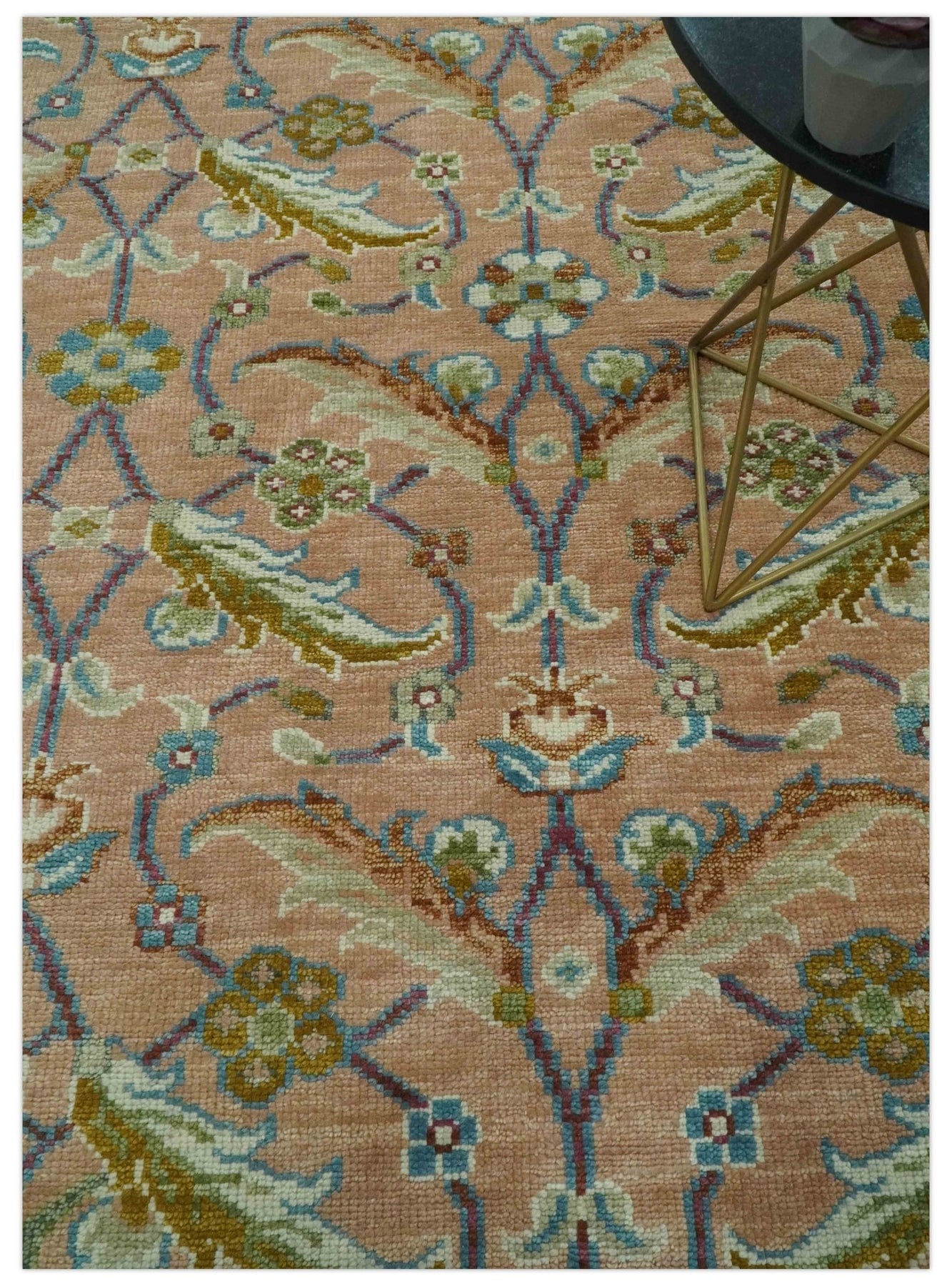 Traditional Floral Peach and Green Hand Knotted Custom Made wool rug ...