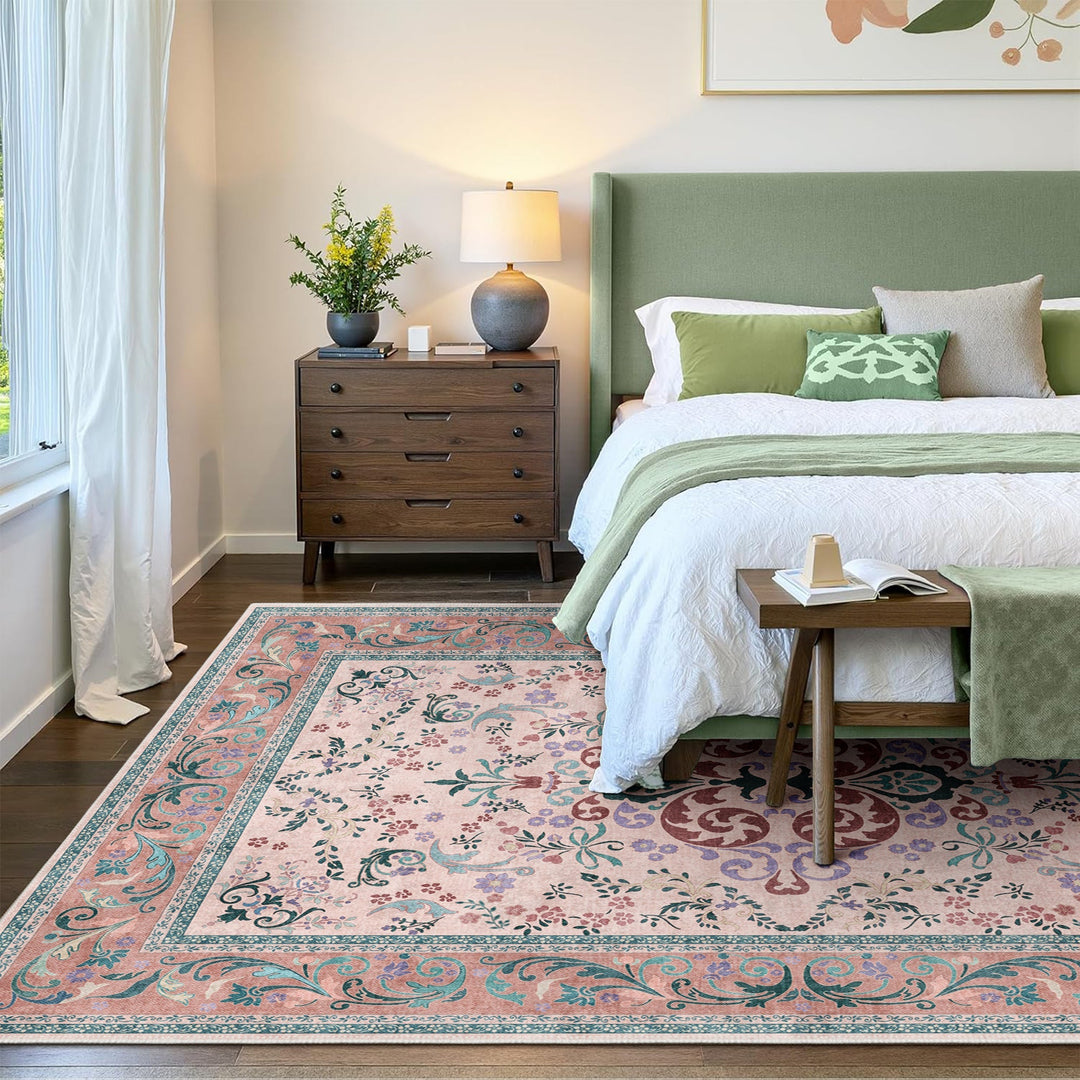 Traditional Floral Pink Cotton Machine Washable Area Rug - The Rug Decor