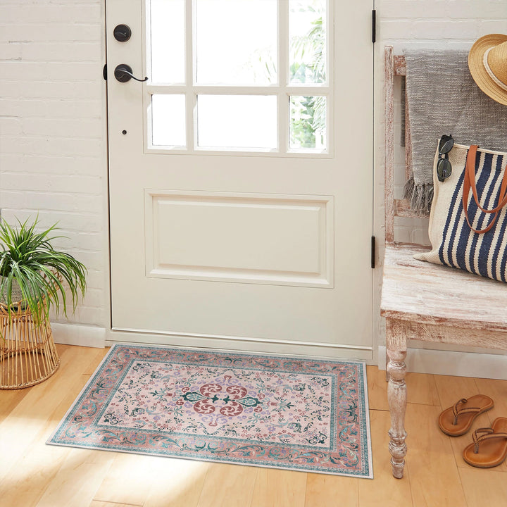 Traditional Floral Pink Cotton Machine Washable Area Rug - The Rug Decor