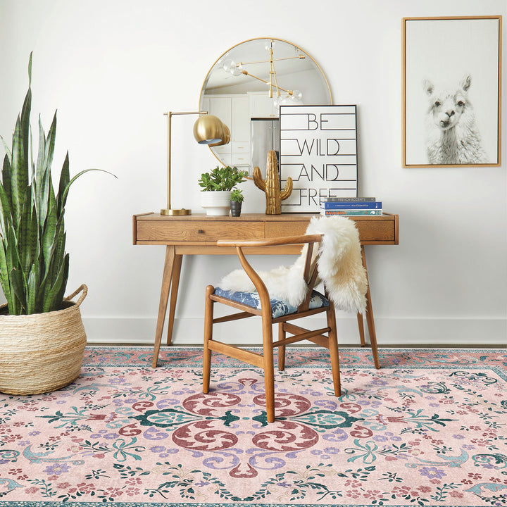 Traditional Floral Pink Cotton Machine Washable Area Rug - The Rug Decor