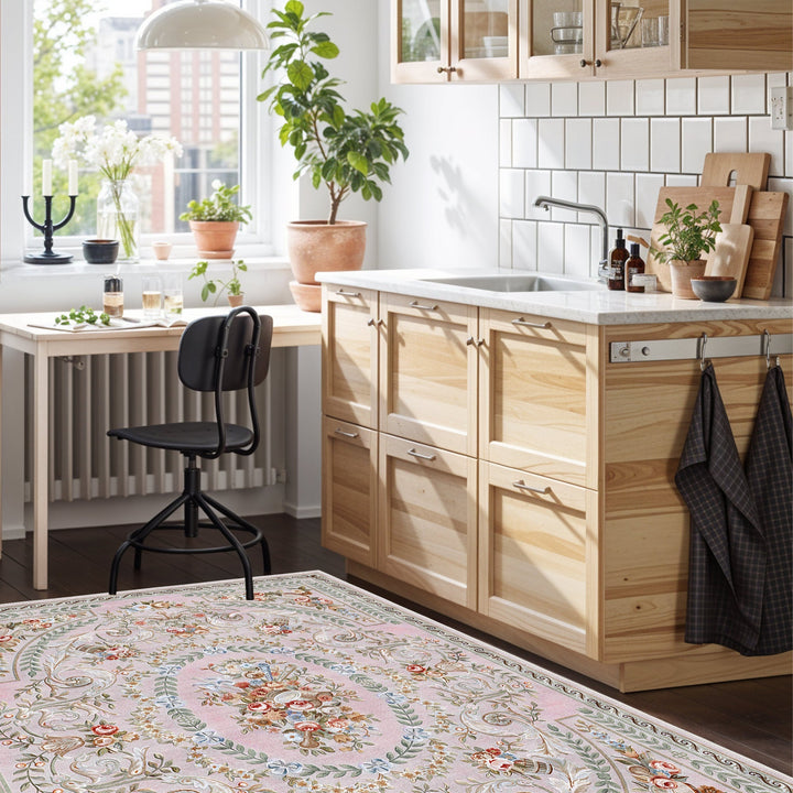 Traditional Floral Pink Machine Washable Cotton Area Rug - The Rug Decor