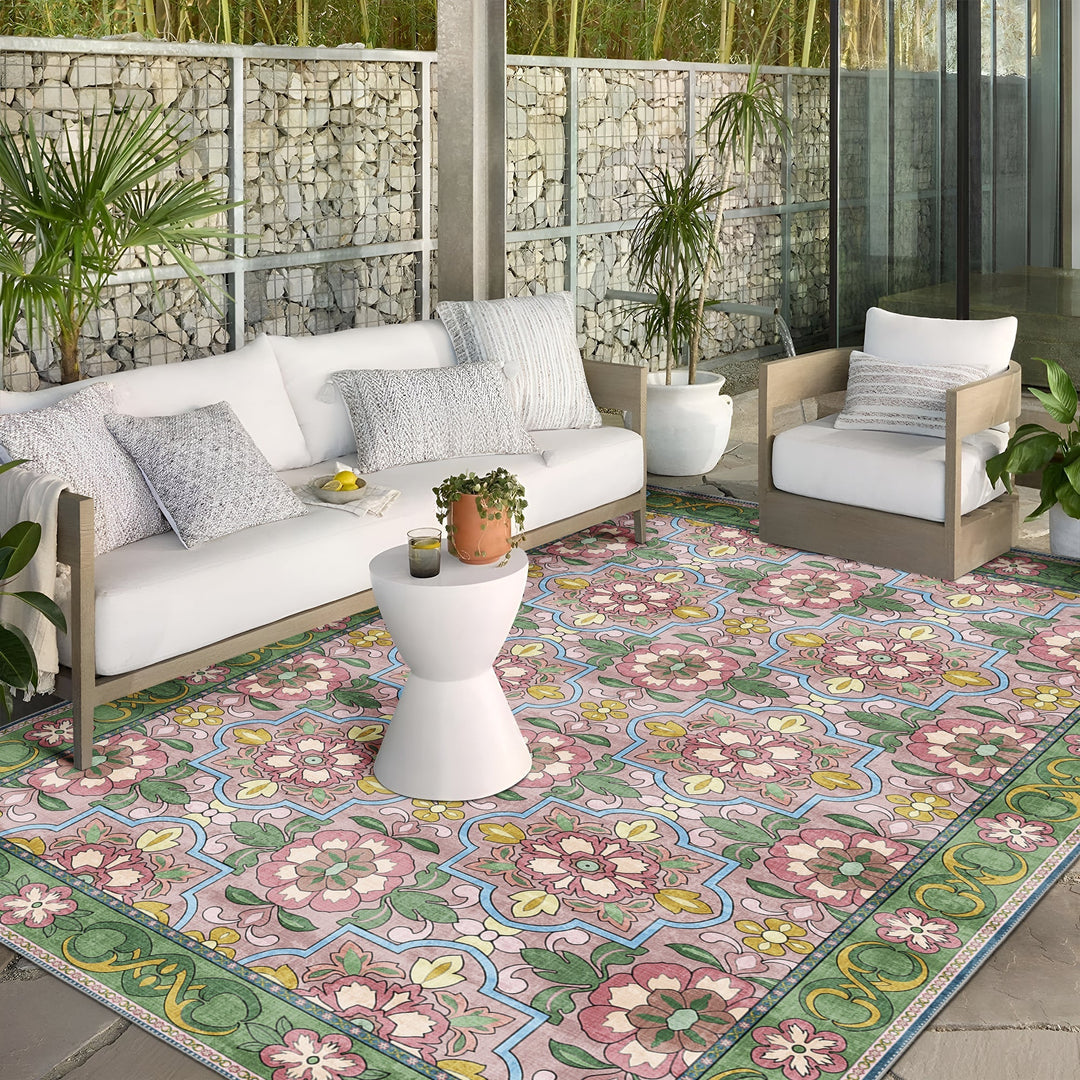 Traditional Floral Pink Machine Washable Cotton Area Rug - The Rug Decor