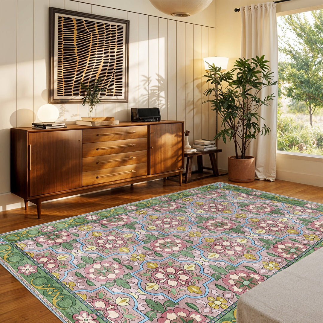 Traditional Floral Pink Machine Washable Cotton Area Rug - The Rug Decor