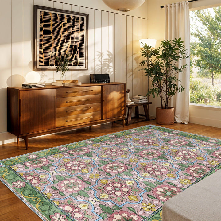 Traditional Floral Pink Machine Washable Cotton Area Rug - The Rug Decor