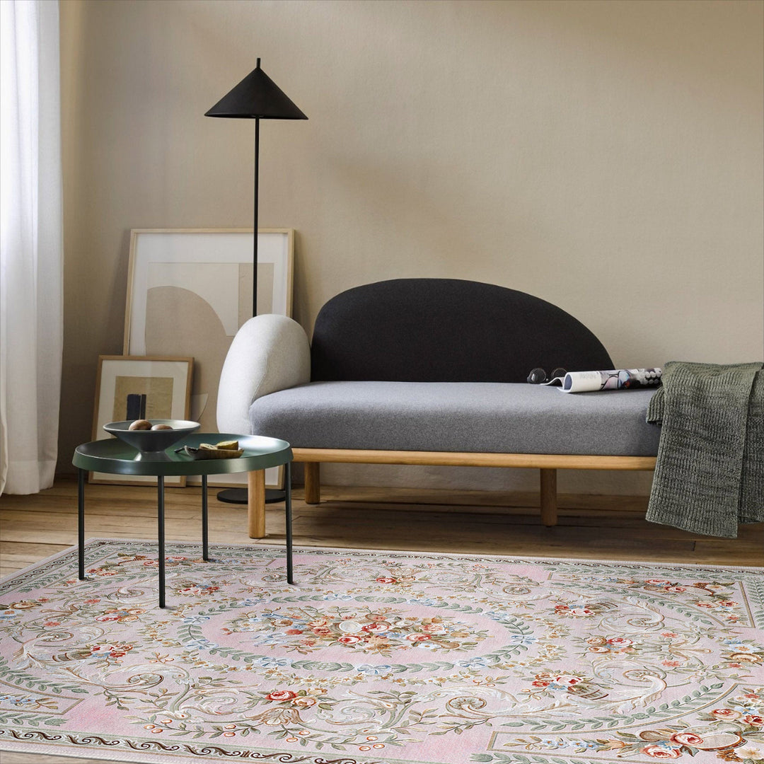 Traditional Floral Pink Machine Washable Cotton Area Rug - The Rug Decor