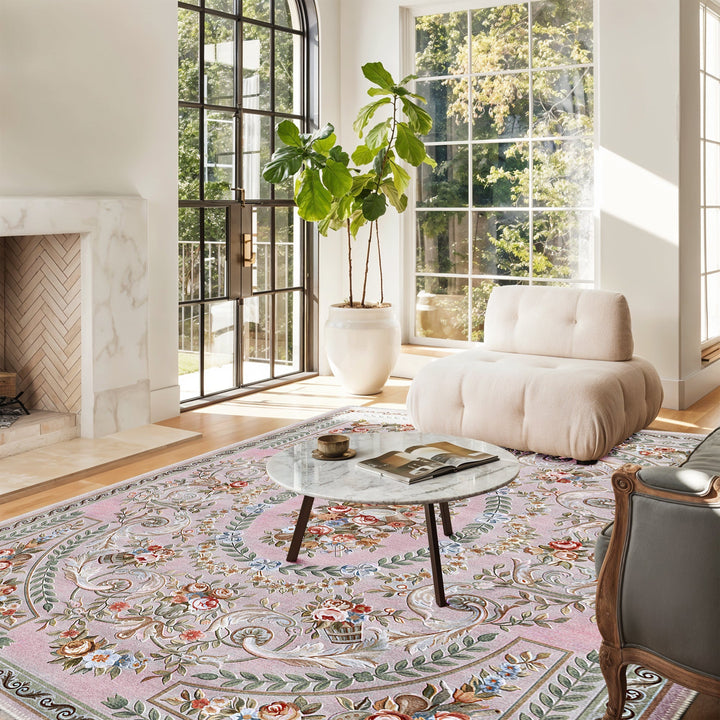Traditional Floral Pink Machine Washable Cotton Area Rug - The Rug Decor