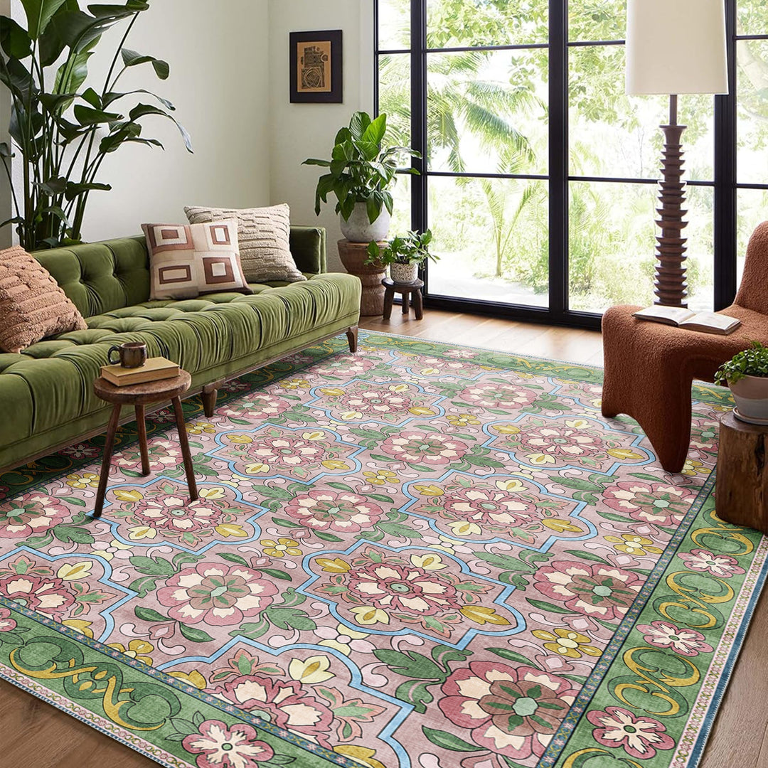 Traditional Floral Pink Machine Washable Cotton Area Rug - The Rug Decor