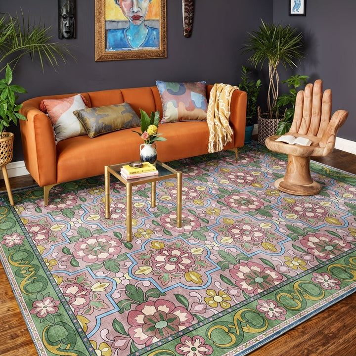 Traditional Floral Pink Machine Washable Cotton Area Rug - The Rug Decor