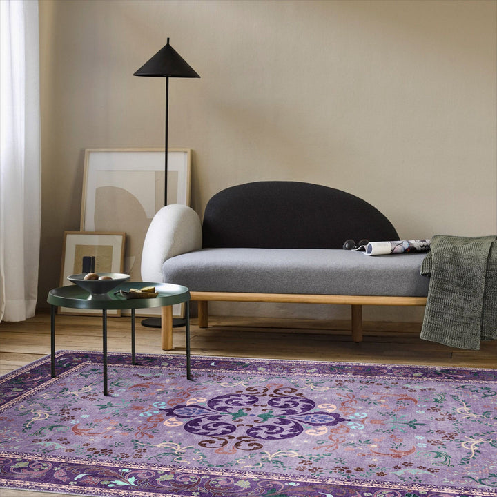 Traditional Floral Purple Machine Washable Cotton Area Rug - The Rug Decor