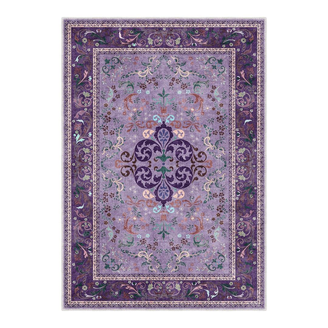 Traditional Floral Purple Machine Washable Cotton Area Rug - The Rug Decor