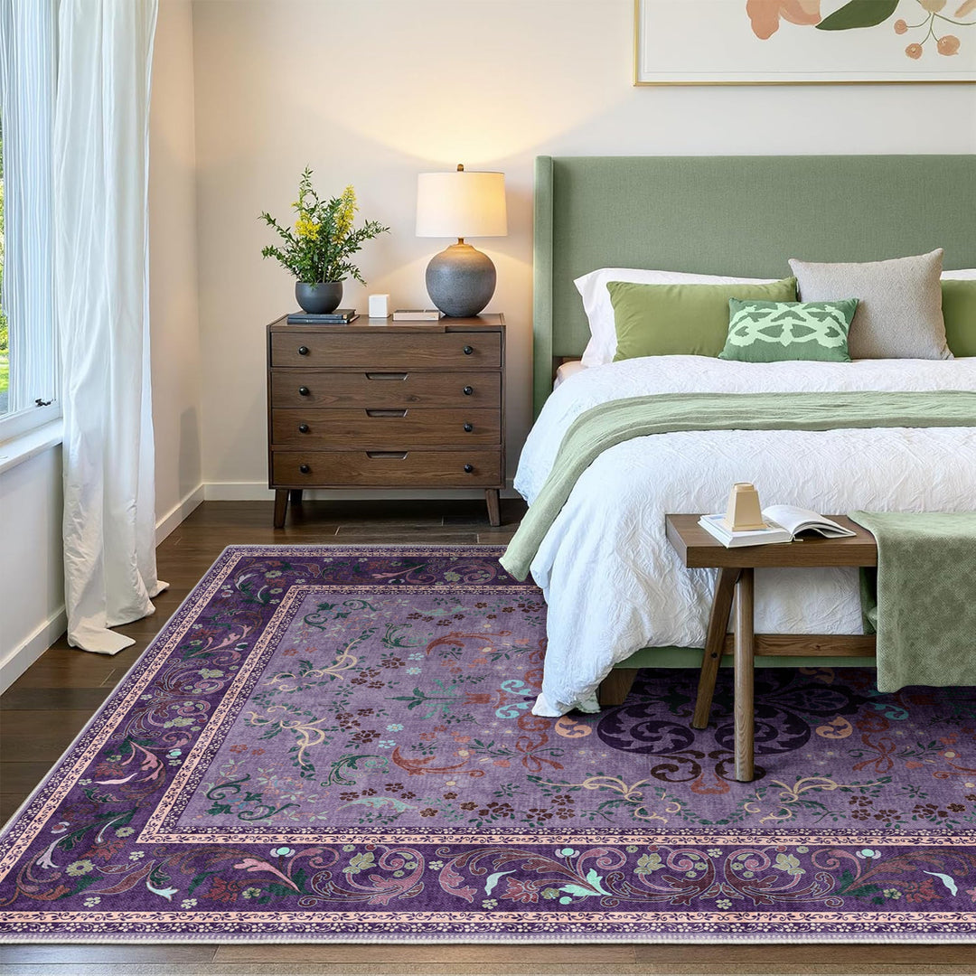 Traditional Floral Purple Machine Washable Cotton Area Rug - The Rug Decor