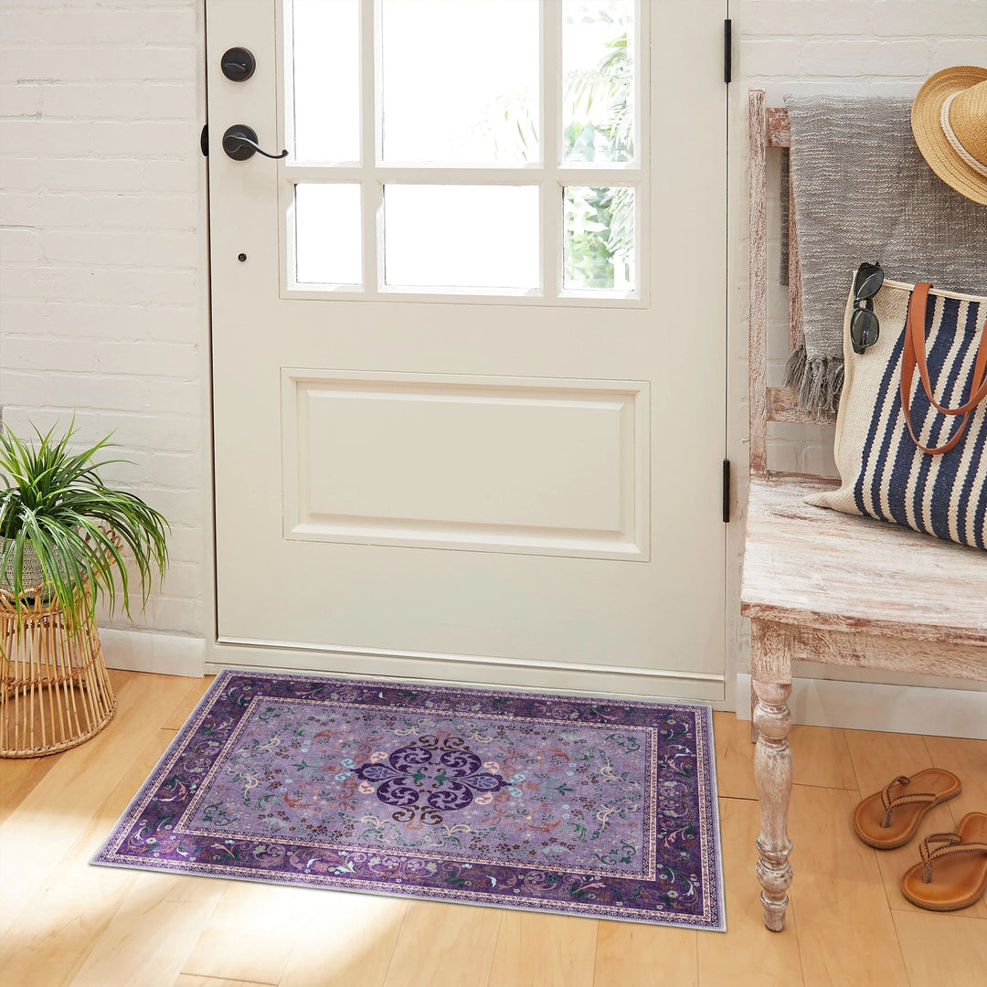 Traditional Floral Purple Machine Washable Cotton Area Rug - The Rug Decor