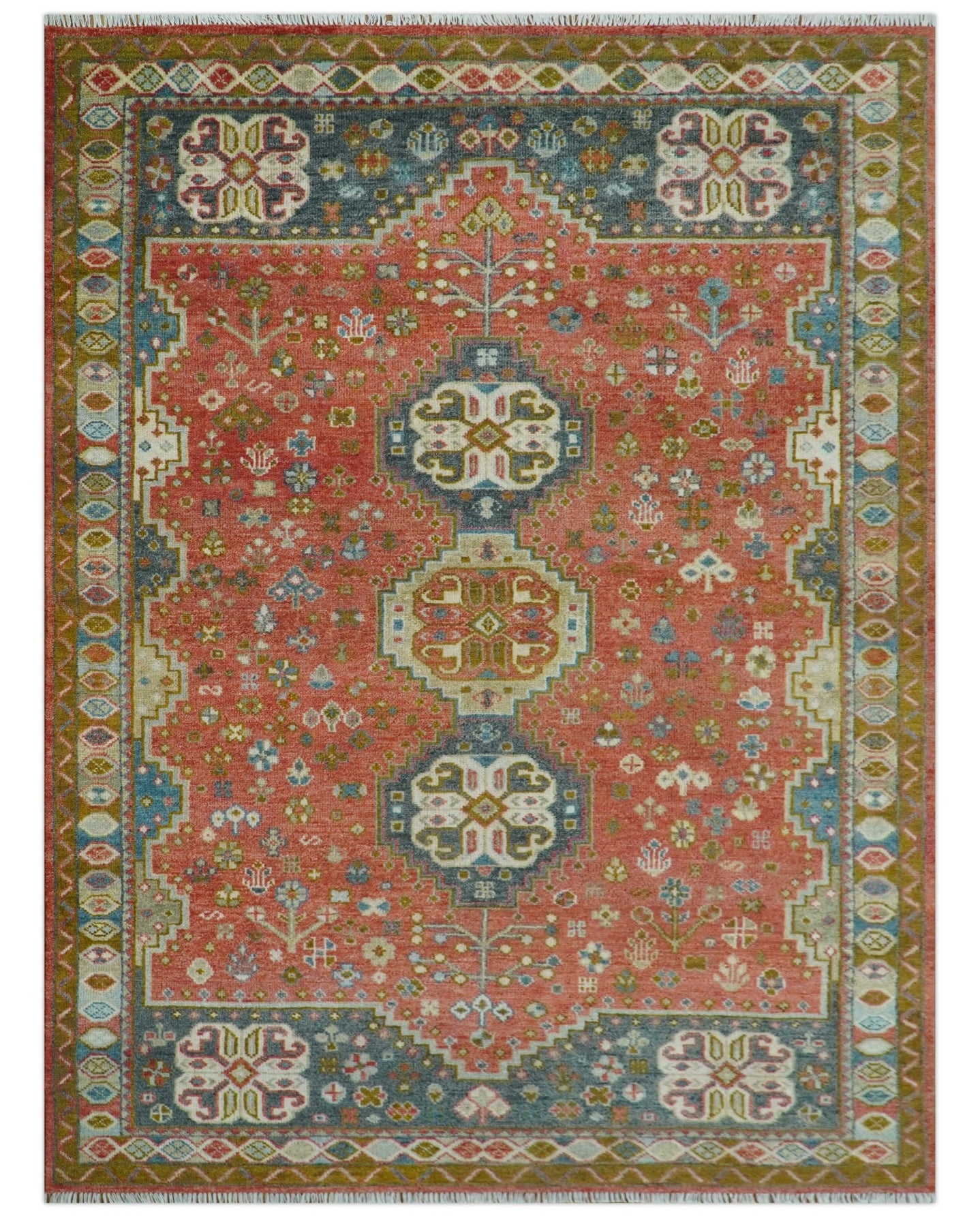 Traditional floral Rust, Charcoal and Beige Mamluk design Custom Made wool Area Rug - The Rug Decor