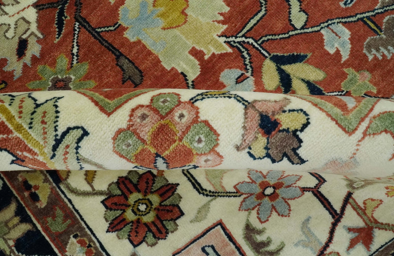 Traditional Floral Rust, Ivory and Blue Fine Hand Knotted 9x12 wool area rug - The Rug Decor