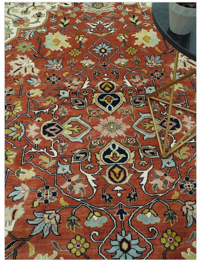 Traditional Floral Rust, Ivory and Blue Fine Hand Knotted 9x12 wool area rug - The Rug Decor