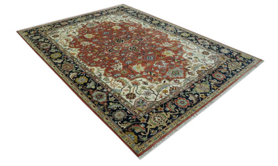 Traditional Floral Rust, Ivory and Blue Fine Hand Knotted 9x12 wool area rug - The Rug Decor