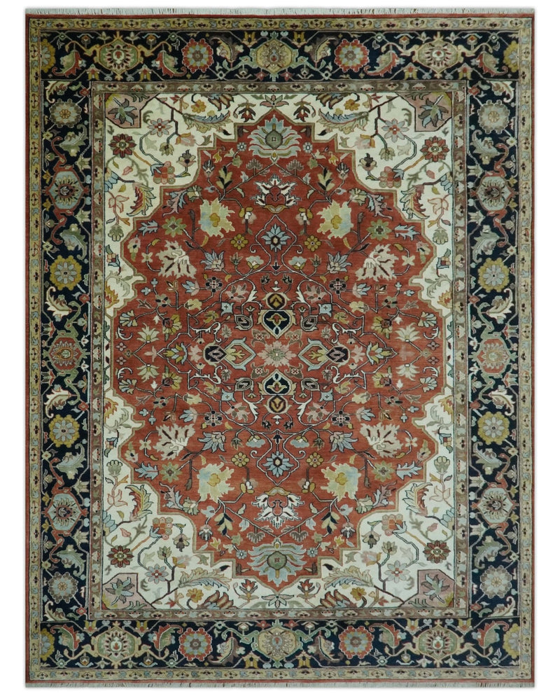 Traditional Floral Rust, Ivory and Blue Fine Hand Knotted 9x12 wool area rug - The Rug Decor